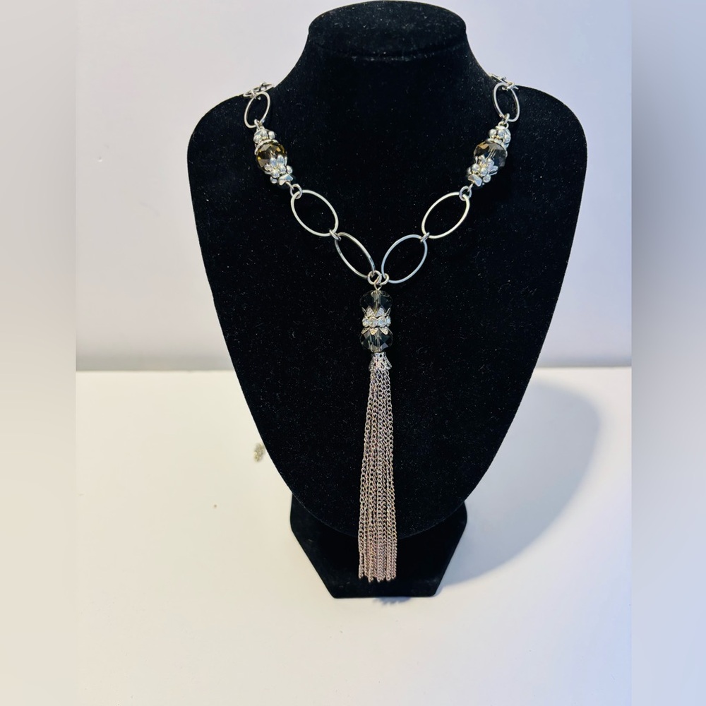 Elegant Silver tone Necklace Light Brown Amber Beaded With Chain Tassel Jewelry
